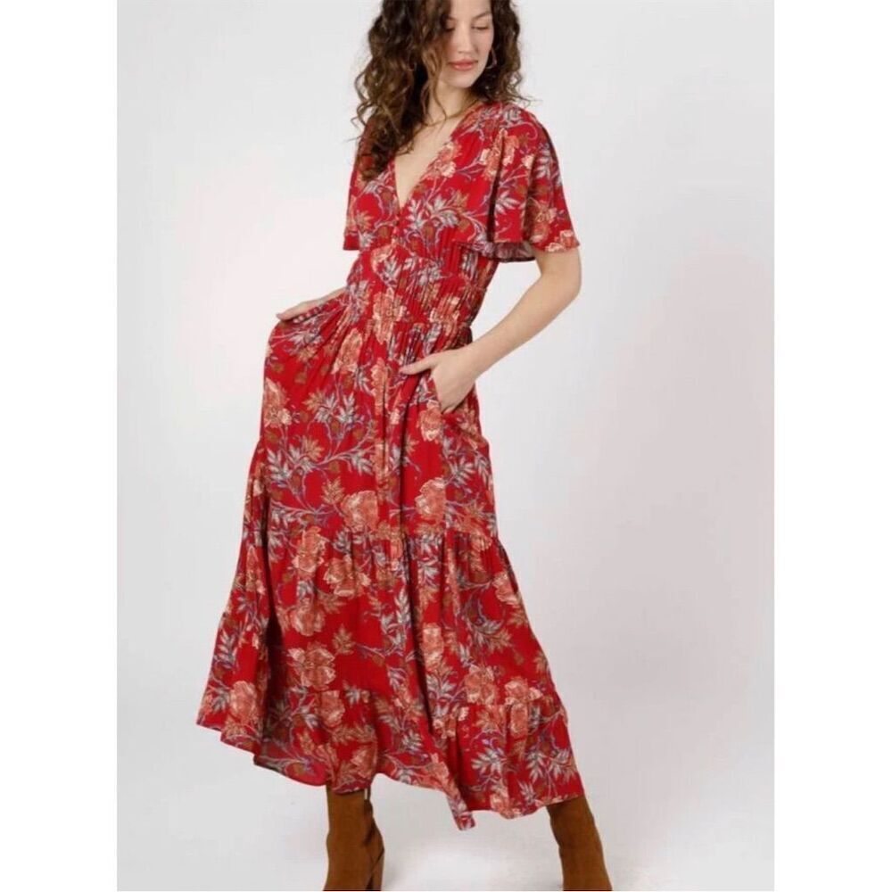 Band Of The Free Abilene V Neck Floral Maxi Dress BoHo Sz Small‎ NWT